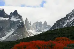 Los Cuernos y las Torres del Paine, en la Patagonia chilena, con la ladera cubierta de vegetación