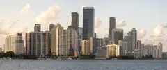 The Brickell skyline in Miami seen from Biscayne Bay in late afternoon light