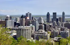 Downtown Montreal skyscrapers seen from Mount Royal, with the St. Lawrence River behind